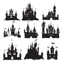 Fototapeta premium Princess Castle Vector Set , black silhouettes isolated on white background