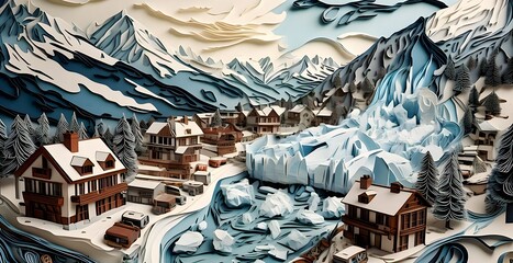 Cinematic disaster of Birch Glacier collapse ice and mud engulf Blatten village, 90% buried in quilling paper style.