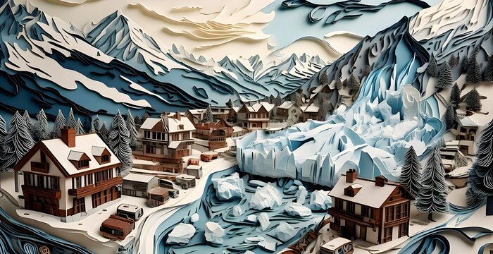 Cinematic disaster of Birch Glacier collapse ice and mud engulf Blatten village, 90% buried in quilling paper style.