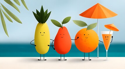 Fototapeta premium Cheerful fruit characters enjoying cocktails on the beach