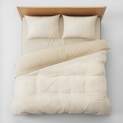 Top-Down View of Cream Gingham Bedding Set on Wooden Headboard &ndash; Minimalist Bed Styling on White Background 