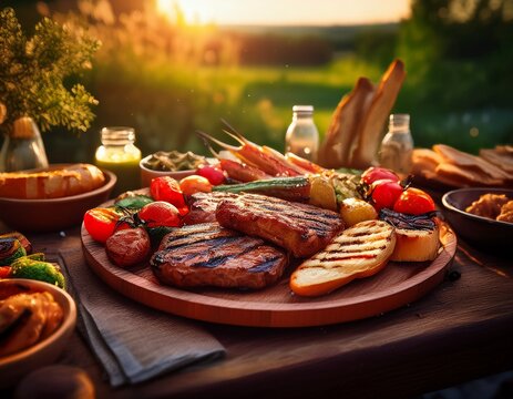 Grillteller mit Fleisch, Gem&uuml;se und Kr&auml;uterbaguette &ndash; rustikaler Sommerabend