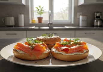 Freshly Made Bagels with Cream Cheese and Smoked Salmon Garnished with Dill Placed on a White Plate in a Modern Kitchen Setting