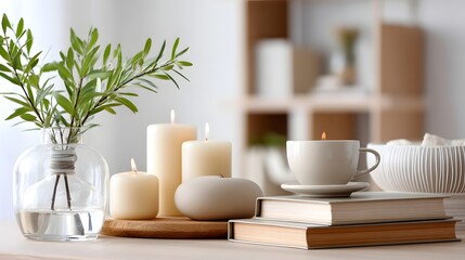 Peaceful home decor with books, candles, and natural elements