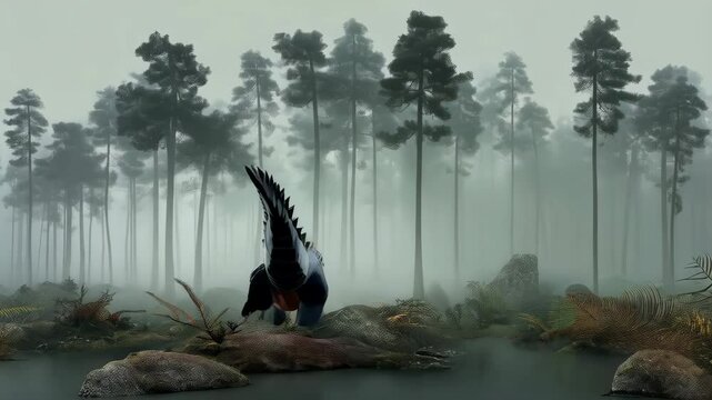 Abstract alligator in a misty forest with a polygon texture and low poly look, created with digital tools