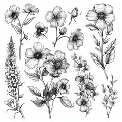 Detailed Black and White Floral Illustrations for Art and Design