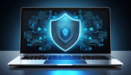 laptop screen displaying cybersecurity shield symbol isolated on transparent cutout background