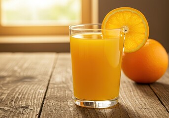 Fresh Orange Juice in a Glass with a Slice of Orange on a Wooden Table with a Bright Background from a Sunlit Window