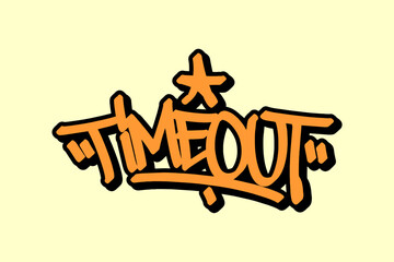 Graffiti tag “Timeout” in bold orange font with black outline on yellow background. Vibrant basketball theme, ideal for creative street art, athletic designs, and energetic sports visuals. © dirtyfellas