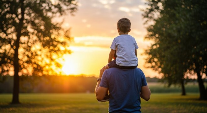 Father's Day. Rear view of a young boy sitting on his parents shoulders holding hands and looking off into the distance enjoying the sunset