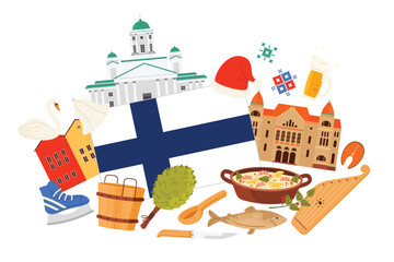 Travel to Finland set, elements of culture and traditional ornament, food and landmarks in infographic collage banner. Finnish flag and buildings, salmon and swan, spa sauna items vector illustration