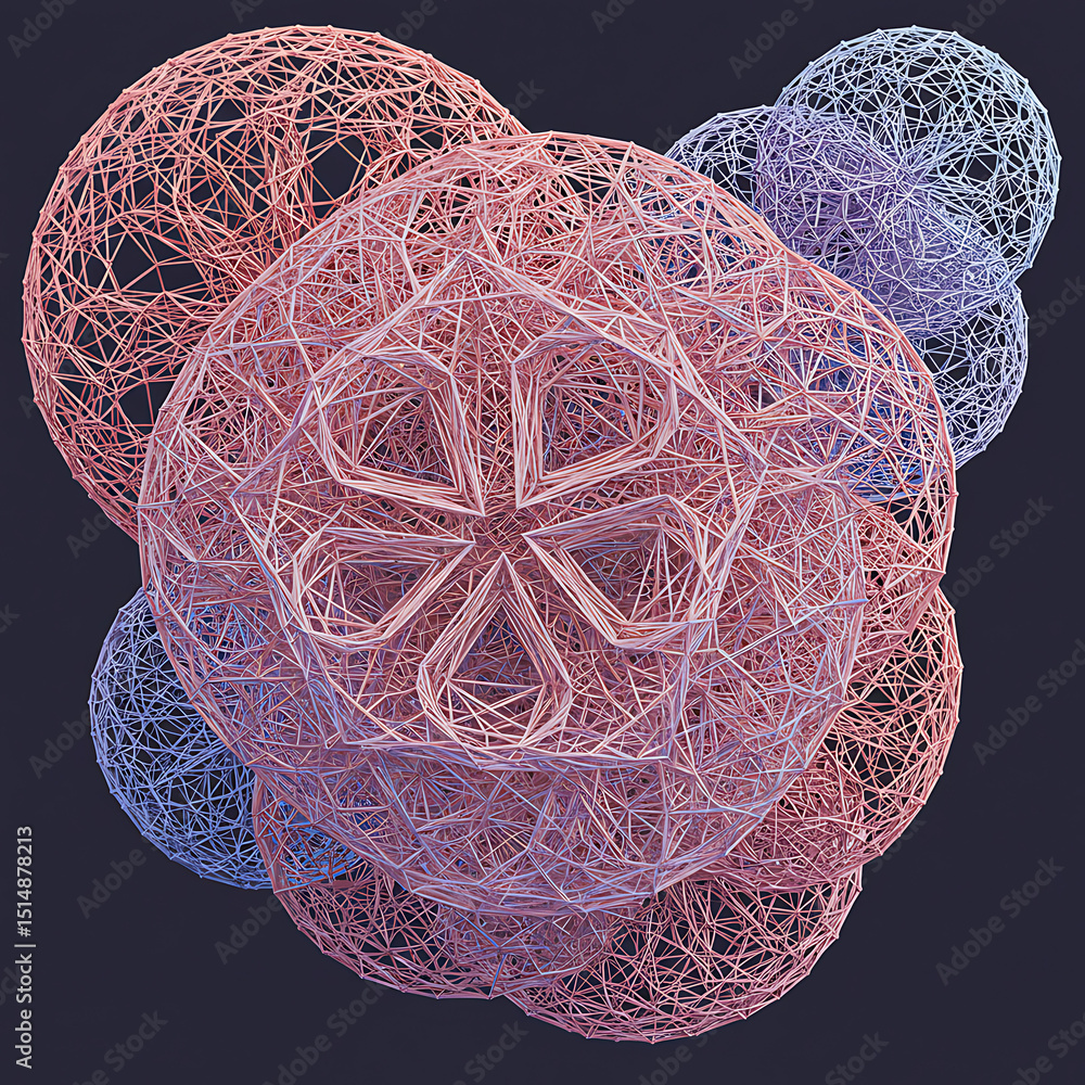 Poster intricate abstract spheres constructed from delicate, interwoven string or wire in pastel pink and b