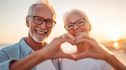 Elderly Couple Smiling and Making Heart Shape with Hands at Sunset Beach