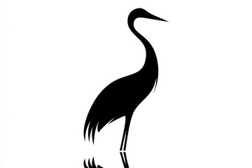 Fototapeta premium Elegant Silhouette of a Crane Bird Standing Gracefully with Reflection on a Minimalist White Background