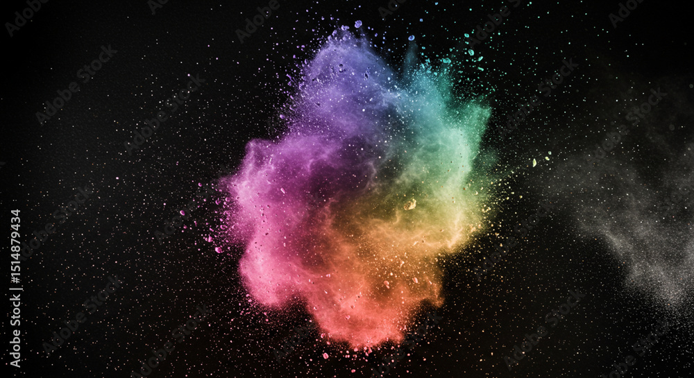 Poster abstract swirl of vibrant powdered pigments exploding mid-air over a textured black canvas backdrop 