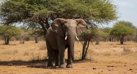 Obraz premium Majestic African Elephant Standing Under Acacia Tree in Savanna Landscape Surrounded by Sparse Vegetation and Warm Sunlight