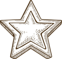 Hand drawn vintage star illustration etched five point shape, rustic decorative outline with detailed sketch lines