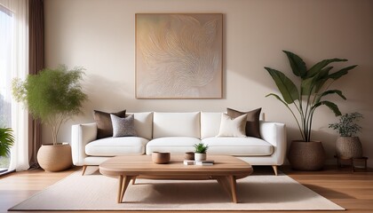 a stylish living room interior design white sofas a wooden side table abstract wall art and minimalist decor the space includes soft rug indoor plants flower and cozy accents creating serene