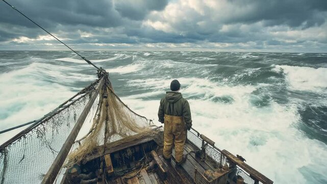 Fisherman standing on wooden boat facing stormy sea and dramatic waves under cloudy sky