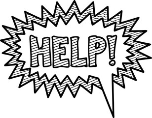 Comic help message bubble hand drawn black outline, bold text, distressed sketch, emergency concept design