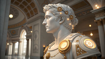 Close up of a statue with gold accents in a grand hall with columns and arched windows visible