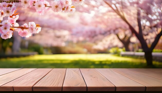 empty wooden table in sakura flower park with garden bokeh background country outdoor theme mock up for product display wooden table in front of the spring blossom tree landscape product display an