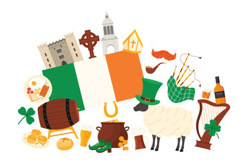 Travel to Ireland, Irish culture elements and famous Saint Patrick Day items, landmarks in infographic collage. Ashford Castle, hat and shoes, leprechauns pot of gold cartoon vector illustration