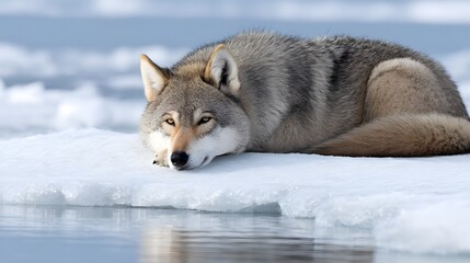 Solitary wolf resting on icy shore in serene Arctic landscape
