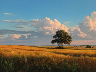 Serene golden sunset across rolling wheat fields of the Midwest, with a lone oak tree under a wide-open sky