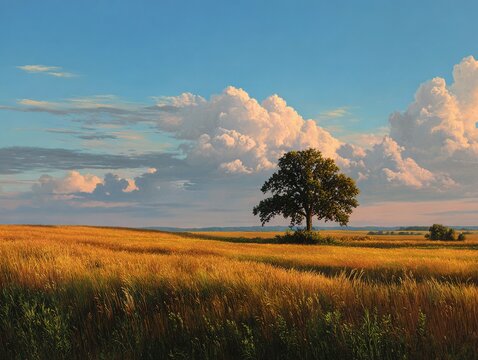 Serene golden sunset across rolling wheat fields of the Midwest, with a lone oak tree under a wide-open sky