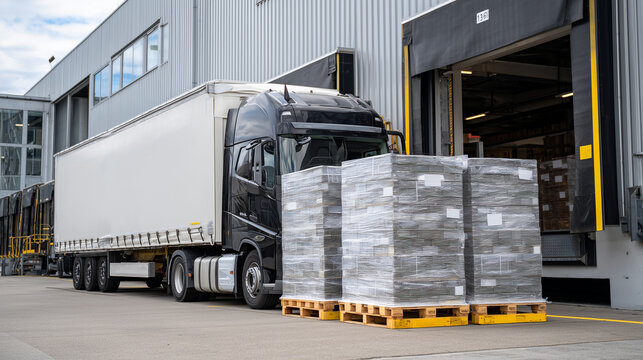 Industrial shipping zone with several shrink-wrapped pallets being loaded onto a freight truck docked at an open bay door