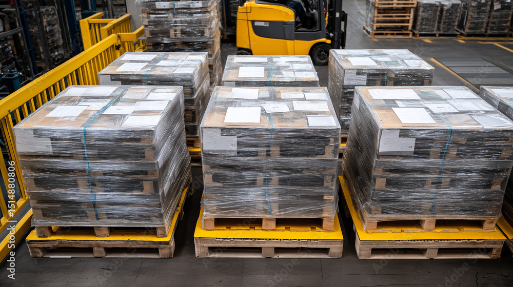 Aufkleber overhead view of multiple shrink-wrapped pallets neatly arranged on a distribution center floor, cat