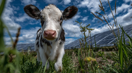 Obraz premium Close-up of a curious dairy cow looking toward the camera, vivid green field underfoot, high-efficiency solar panels stretching into the horizon behind it