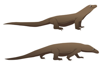 Set of flat vector illustrations of Komodo dragons, amazing endemic animals from Indonesia