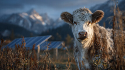 Fototapeta premium Environmentally friendly farm landscape with a calm cow facing forward, solar panels angled toward the sun in the distance, all under a crisp, cloudless sky