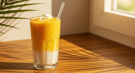 Refreshing mango smoothie with coconut layer garnished with white flowers, set against a sunlit window with palm leaves casting shadows