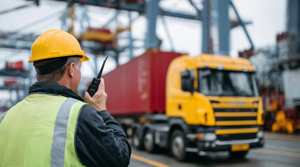 Close-up of a safety-vested foreman speaking into a walkie-talkie while behind him, a yellow truck is being loaded with a red container under the mechanical arms of towering port c