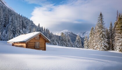 wooden cabin nestled in snowy mountain landscape
