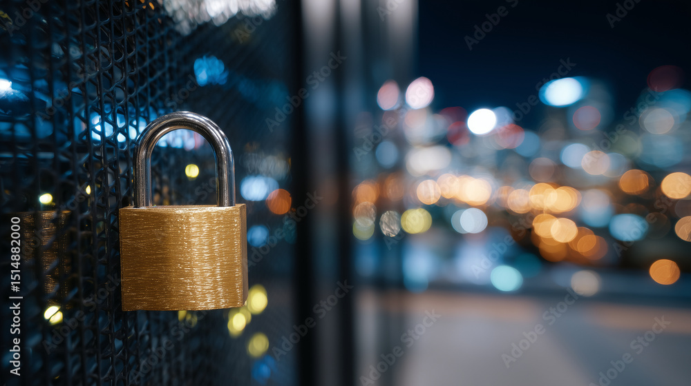 Aufkleber a physical padlock hangs on a mesh server cabinet, illuminated by the ambient light of network indic