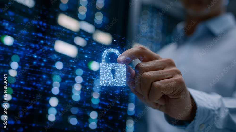 Aufkleber technicianâs hand locking a padlock on a server cage, vibrant blue data flow animation overlay hin