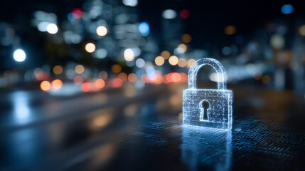 Cybersecurity-themed composition with padlock in sharp focus against blurred background of blinking server lights, data lines and code faintly visible in overlay