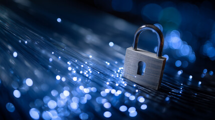 Steel padlock digitally imposed over server arrays with glowing fiber optic cables, creating a powerful visual metaphor for secure information architecture