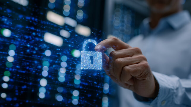 Technicianâs hand locking a padlock on a server cage, vibrant blue data flow animation overlay hints at secure digital systems working behind the physical barrier - Powered by Adobe