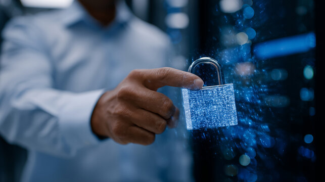 Technicianâs hand locking a padlock on a server cage, vibrant blue data flow animation overlay hints at secure digital systems working behind the physical barrier
