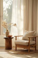 Cozy living room with wood armchair and vase of pampas grass. Modern neutral interior concept.
