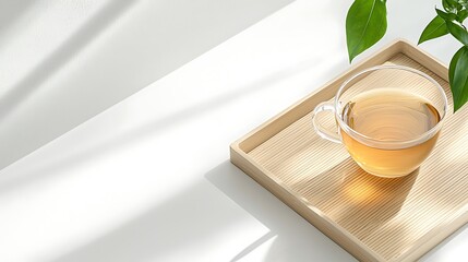 Tranquil Tea Moment Glass Cup of Herbal Tea on Wooden Tray with Sunlight