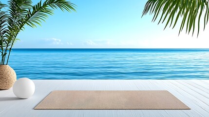 Serene Beachfront Patio Scene Beige Rug Ocean View Palm Trees