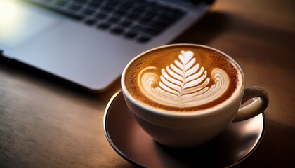 a close up of a cup of coffee with latte art on top placed near a laptop