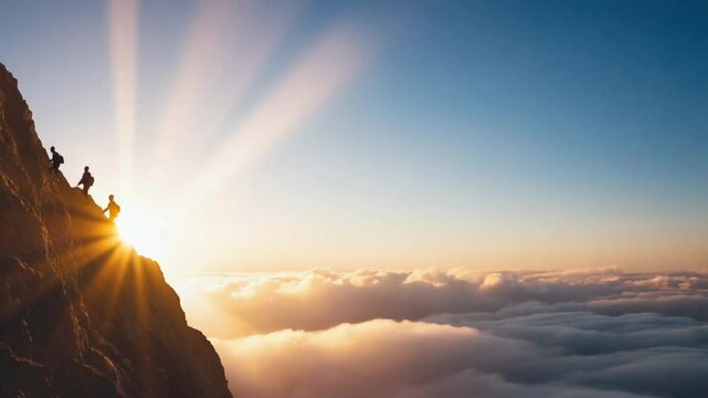 Silhouettes of a diverse team climbing a steep mountain at dawn, moving in sync, dramatic fog and sunlight breaking through clouds, cinematic lighting, triumphant atmosphere, 4K