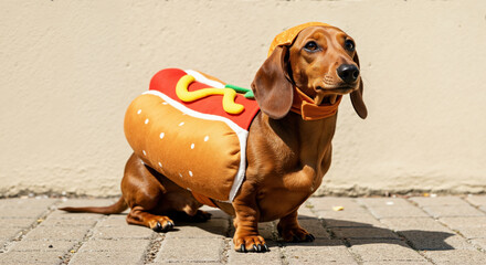 Dachshund wearing hot dog costume on street pavement. Humorous pet outfit for Halloween celebrations and food-themed promotional events
